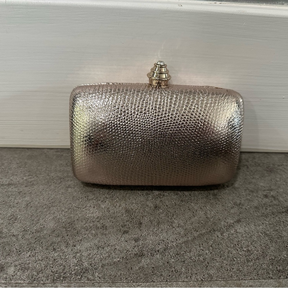 Metallic Rose Gold Clutch with rhinestone closure